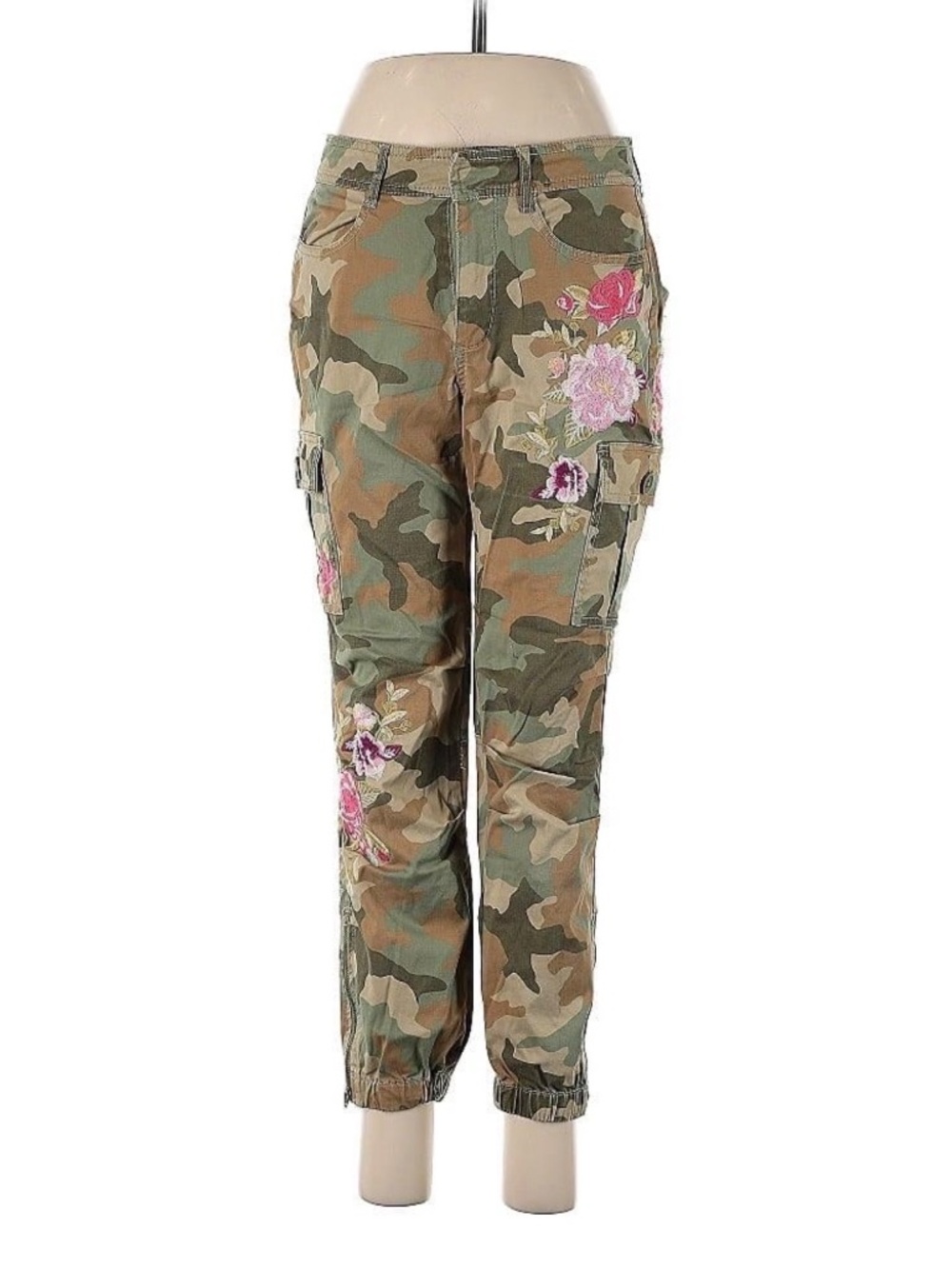 Sundance Floral Embroidered Camo Cargo Pants Women's Petite 12 Stretch